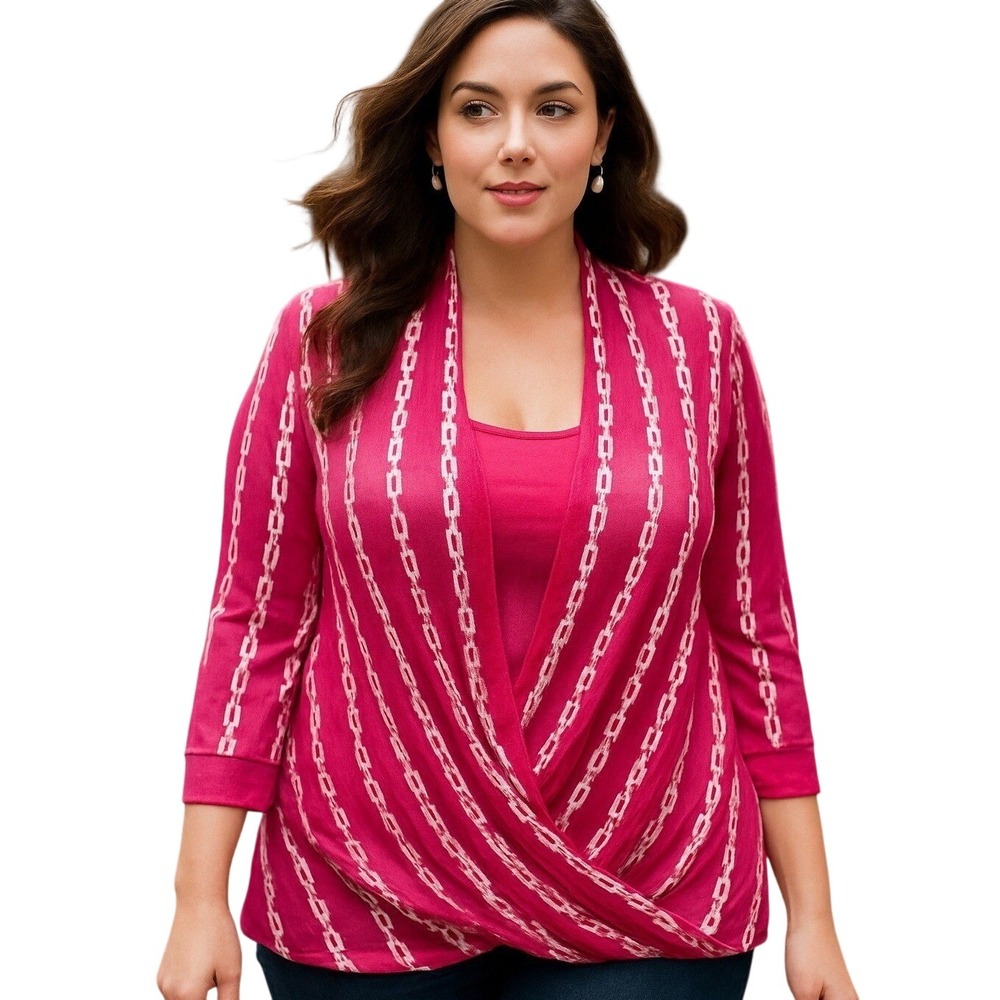 New York & Company Chain Print Top 3/4 Sleeve Layered Look Pink XL‎